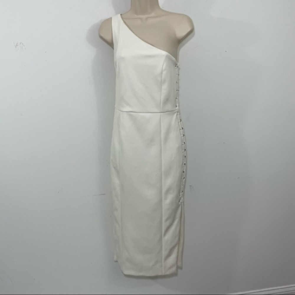 MISHA strech lace up sides midi dress one shoulder white size medium M cut out - Picture 2 of 15
